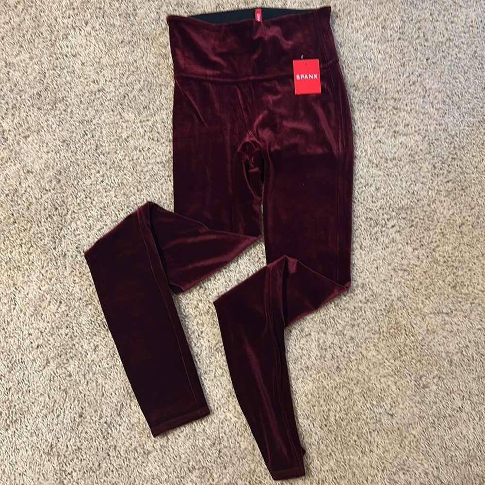Spanx burgundy velvet leggings small NWT